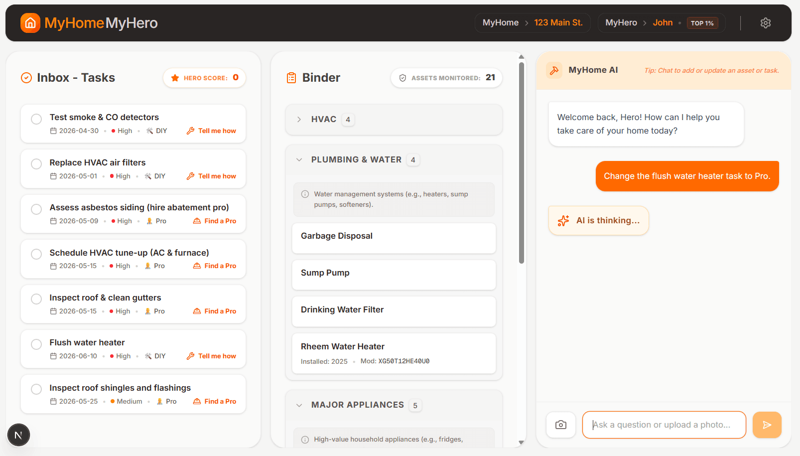 MyHomeMyHero dashboard showing the Plan, Binder, and AI Manager columns with maintenance tasks, tracked appliances, and chat conversation